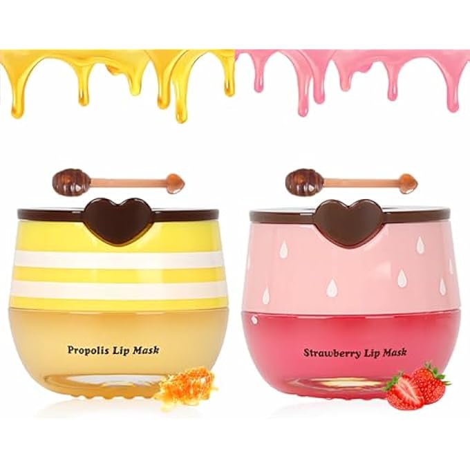Deepmind 2 PCS BEE LIP BALM LIP MASK HONEY POT, HONEY & STRAWBERRY LIP MASK PROPOLIS MOISTURIZING LIP BALM WITH STICK - HYDRATING PREVENTION DRY AND CRACKED LIP SCRUBS EXFOLIATO LIP WRINKLE CARE - Image 1
